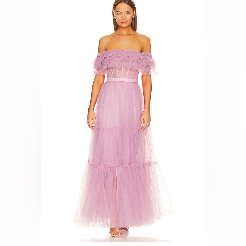 Off shoulder tiered gown Bcbgmaxazria